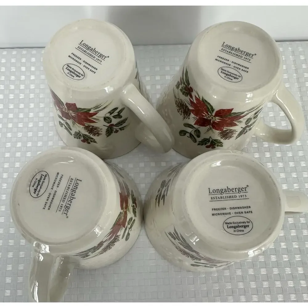 Longaberger Natures Garland Mugs - set of 4 Poinsettia Christmas Pottery